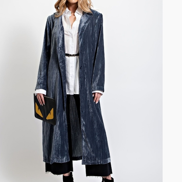 New! Easel Blue Velvet Maxi Coat - Picture 1 of 7